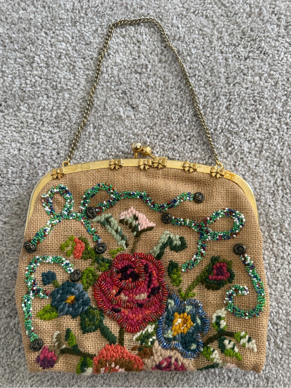 Vintage Embroidered Floral Beaded Clutch in Tan and Multicolor